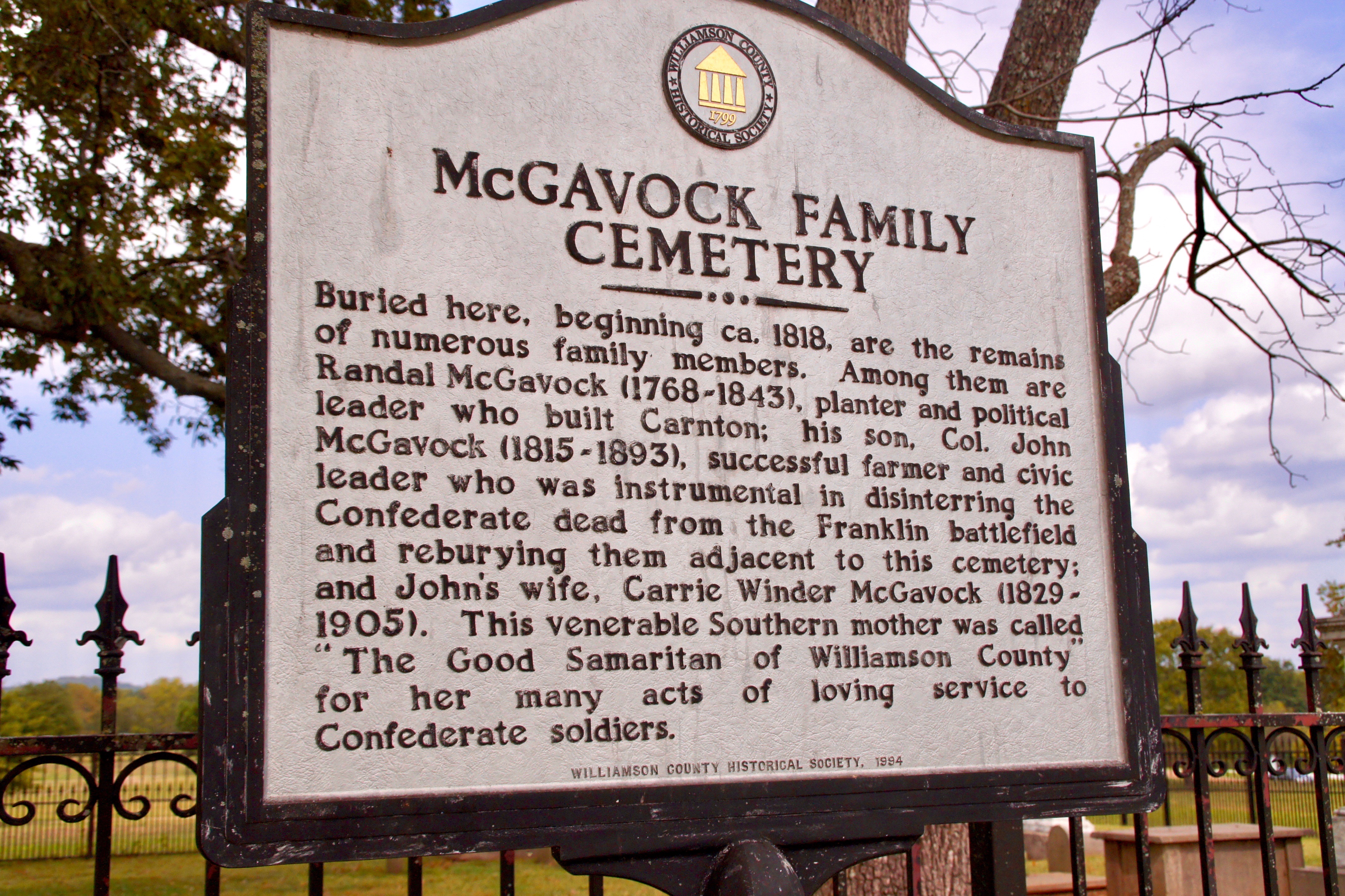 sign describes Carrie McGavock as "The Good Samaritan of Williamson County."